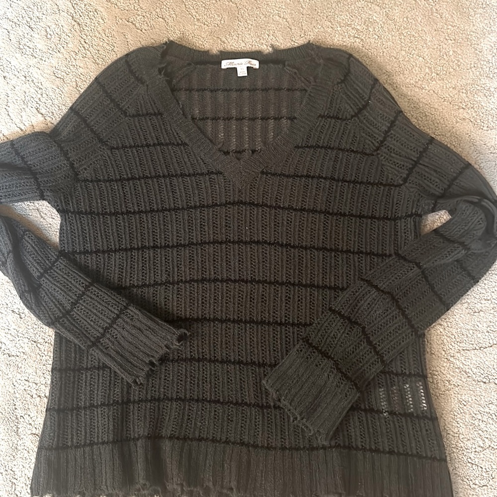 Minnie Rose Grey and black stripped sheer sweater with distressed look.
